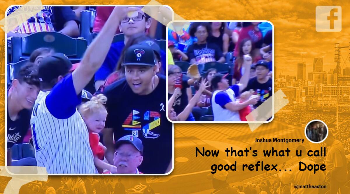 baseball foul ball catch, father juggle baby beer and ball, dad mlb game juggle beer and baby, baseball crazy errant ball catch, viral video, indian express